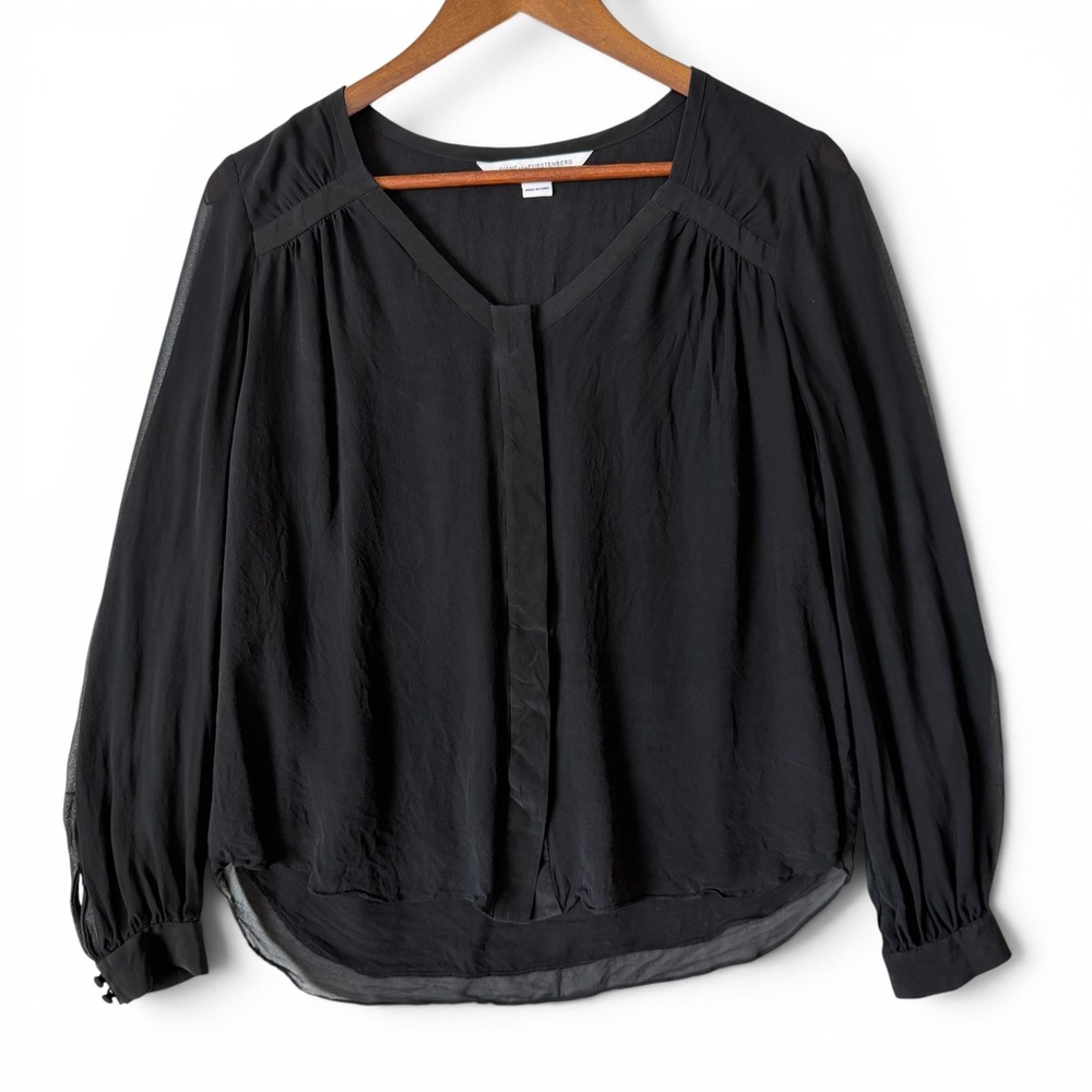 Diane von Furstenberg Lane Blouse 4 Black 100% Silk Sheer Sleeve Hidden Button